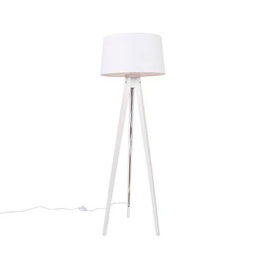 Lampadaire Moderne Tripode Blanc Avec Abat-jour Lin Blanc 45 Cm - Tripod Classic