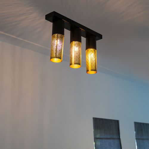 Plafonnier Industriel Noir Avec Or Oblong 3 Lumières - Raspi