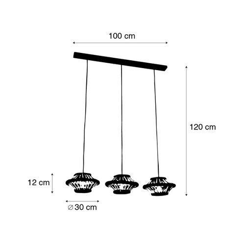 Suspension Orientale En Bambou à 3 Lumières Allongées Noires - Evalin