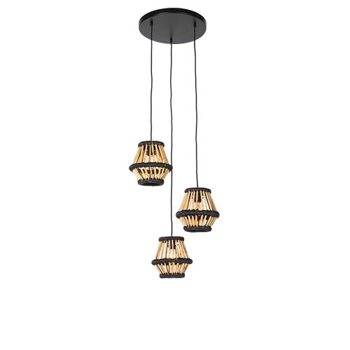 Suspension Orientale Bambou Et Ronde Noire 3 Lumières - Evalin