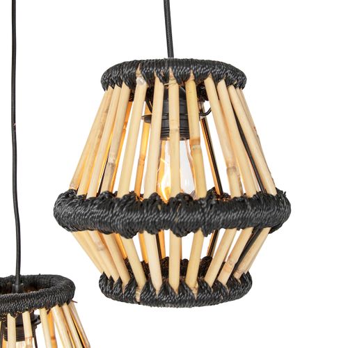 Suspension Orientale Bambou Et Ronde Noire 3 Lumières - Evalin