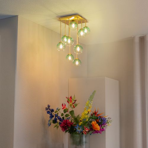 Plafonnier Art Déco Or Avec Verre Vert 9 Lumières - Athènes