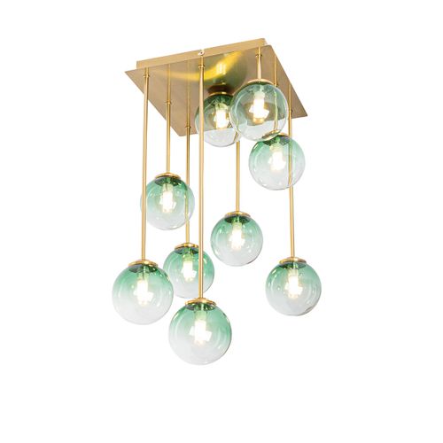 Plafonnier Art Déco Or Avec Verre Vert 9 Lumières - Athènes
