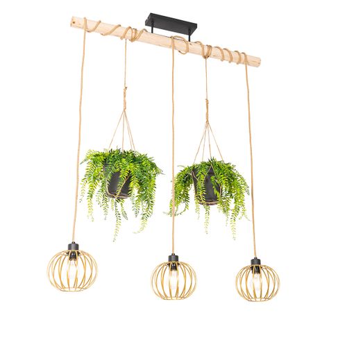 Suspension Rurale Or Avec Bois 3 Lumières - Yura