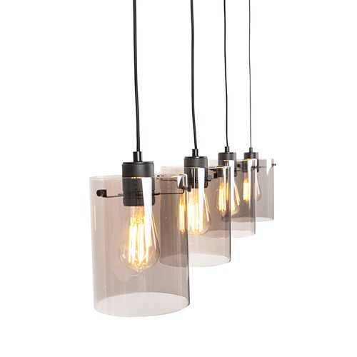 Suspension Intelligente Noire Avec Verre Fumé, 4 Ampoules Wifi St64 Incluses - Dome