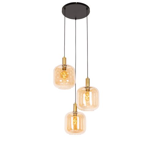 Suspension Design Noire Avec Laiton Et Verre Ambré 3 Lumières - Zuzanna