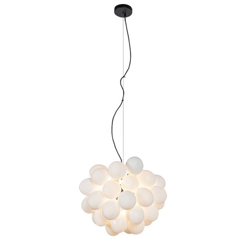 Lampe à Suspension Art Déco Noire Avec Verre Opale 8 Lumières Ronde - Uvas