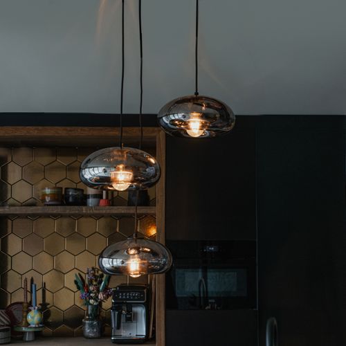 Lampe à Suspension Art Déco Noire Avec Verre Fumé Ronde 3 Lumières - Ayesha