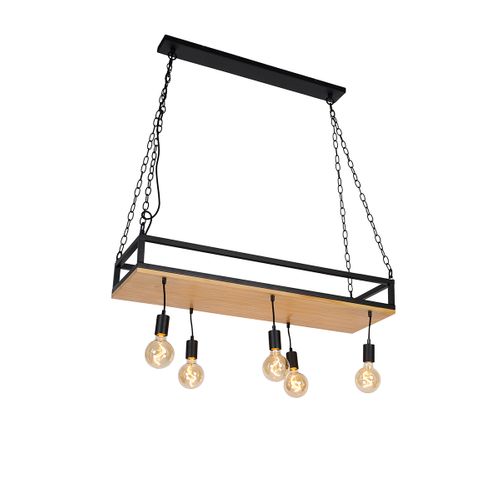 Suspension Intelligente Noire Avec Bois, 5 Ampoules G95 Wifi Incluses - Shelf