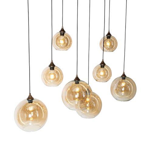 Lampe à Suspension Art Déco Bronze Foncé Avec Verre Ambré Ovale 8 Lumières - Sandra