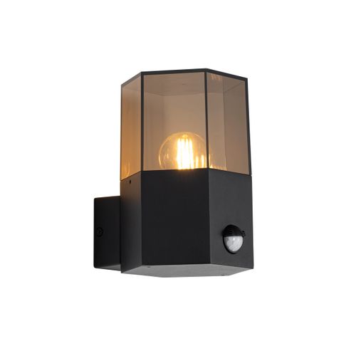 Applique Murale D'extérieur Noire Avec Verre Fumé Hexagonal Et Détecteur De Mouvement - Danemark
