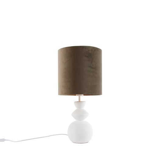 Lampe De Table Design Abat-jour En Velours Blanc Taupe Avec Or 25 Cm - Alisia