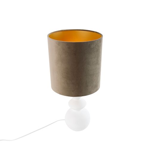 Lampe De Table Design Abat-jour En Velours Blanc Taupe Avec Or 25 Cm - Alisia