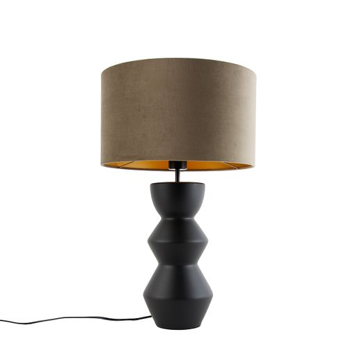 Lampe De Table Design Abat-jour En Velours Noir Taupe Avec Or 35 Cm - Alisia