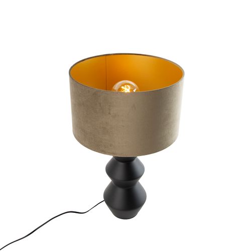 Lampe De Table Design Abat-jour En Velours Noir Taupe Avec Or 35 Cm - Alisia