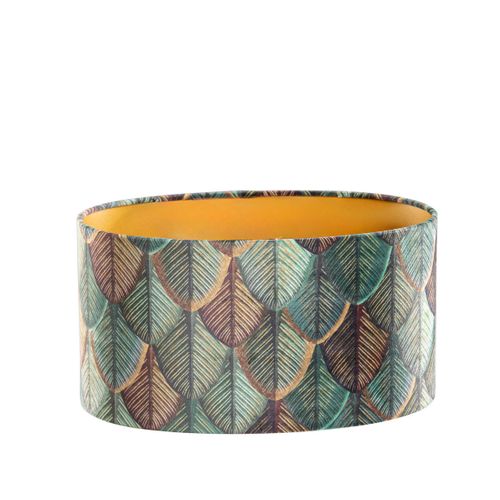 Abat-jour En Velours, Motif Feuilles, Intérieur Doré, Ovale 35/23/18