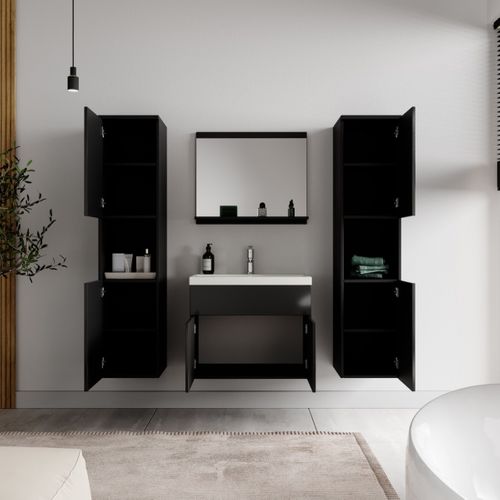 Meuble De Salle De Bain Montreal XL 60 Cm Lavabo Noir Brillant Armoire De Rangement Meuble Lavabo