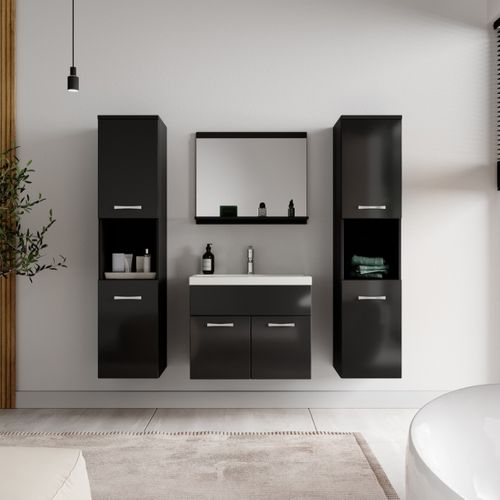 Meuble De Salle De Bain Montreal XL 60 Cm Lavabo Noir Brillant Armoire De Rangement Meuble Lavabo