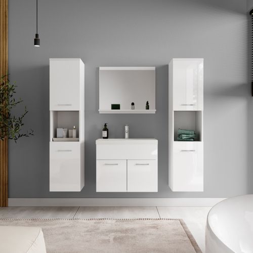 Meuble De Salle De Bain Montreal XL 60 Cm Lavabo Blanc Brillant   Armoire De Rangement Meuble