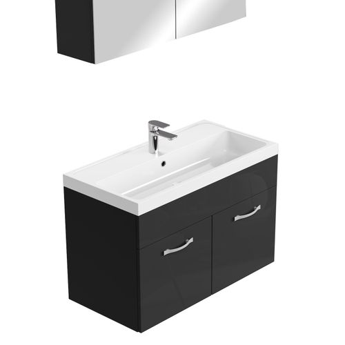 Meuble Vasque Paso 80 X 40 Cm Avec Lavabo Et Miroir - Noir Brillant
