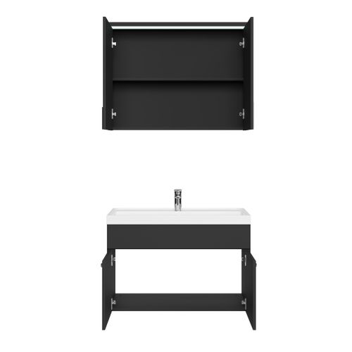 Meuble Vasque Paso 80 X 40 Cm Avec Lavabo Et Miroir - Noir Brillant