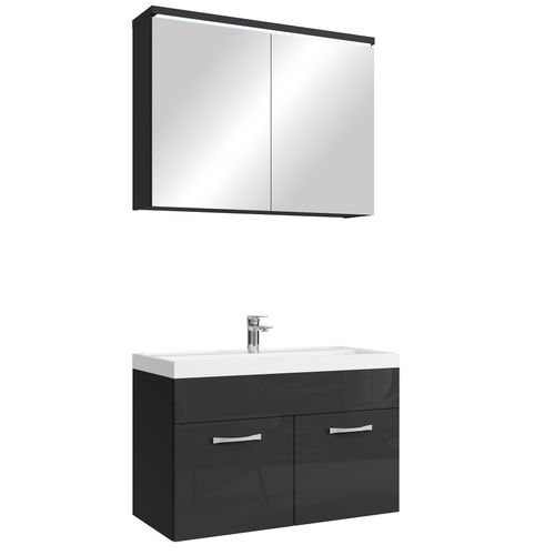 Meuble Vasque Paso 80 X 40 Cm Avec Lavabo Et Miroir - Noir Brillant