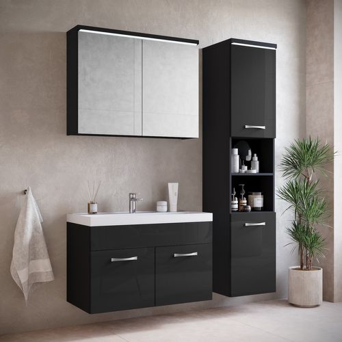 Meuble Vasque Paso 80 X 40 Cm Avec Lavabo Et Miroir - Noir Brillant