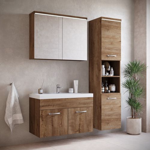 Meuble Vasque Paso 80 X 40 Cm Avec Lavabo Et Miroir - Chêne Marron