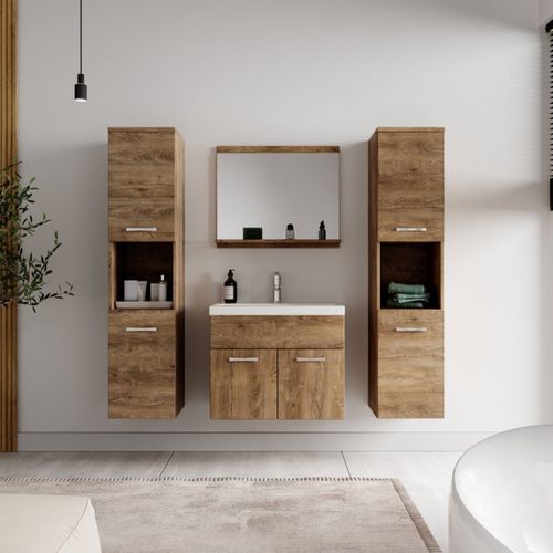 Meuble De Salle De Bain Montreal XL 60 Cm Lavabo Chene Marron   Armoire De Rangement Meuble Lavabo