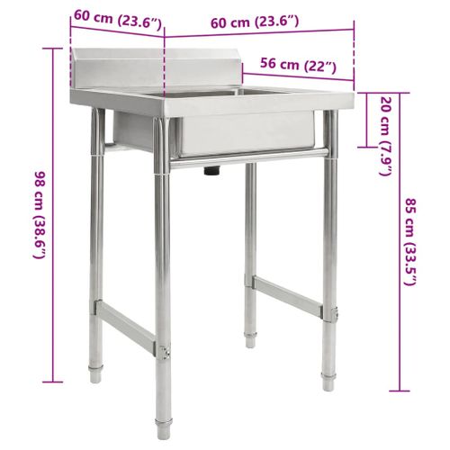 Évier De Cuisine Inox 1 Bac Avec Dosseret 60x60x98 Cm Et Accessoires