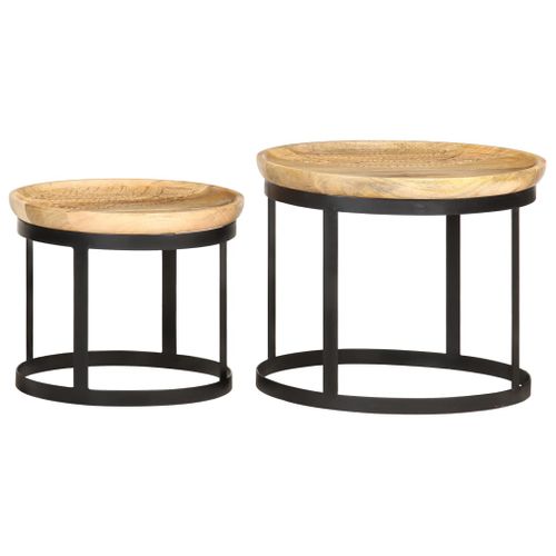 Tables D'appoint Rondes 2 Pièces Bois De Manguier Solide Et Acier