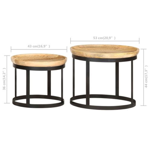 Tables D'appoint Rondes 2 Pièces Bois De Manguier Solide Et Acier