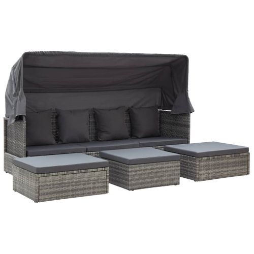 Lit De Jardin Et Toit Gris Mélangé Résine Tressée