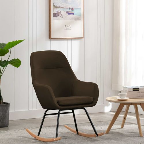 Chaise à Bascule En Tissu Marron Avec Coussin Rembourré Et Pieds En Bois De Hêtre