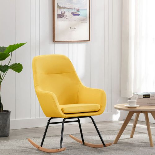 Chaise à Bascule En Tissu Jaune Moutarde Avec Coussin Rembourré Et Pieds En Bois De Hêtre