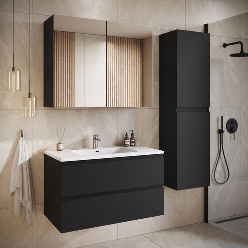 Meuble De Salle De Bain Angela 90 Cm Lavabo Noir Mat – Armoire De Rangement Meuble Lavabo