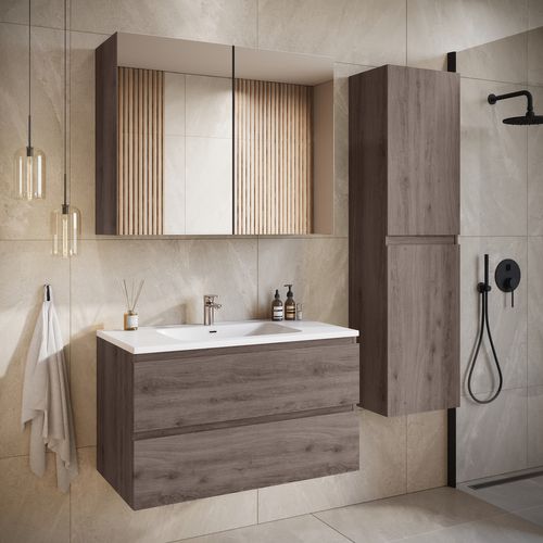 Meuble De Salle De Bain Angela 100 Cm Lavabo Chene Marron – Armoire De Rangement Meuble Lavabo