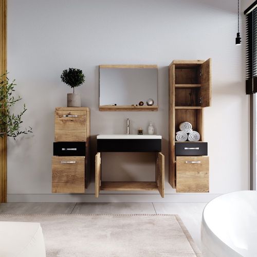 Meuble De Salle De Bain Alba 60 Cm Lavabo Chêne Châtaignier Avec Noir   Armoire De Rangement Meuble