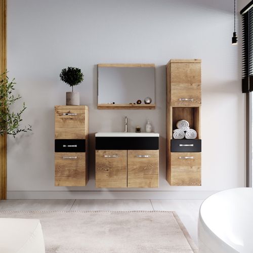 Meuble De Salle De Bain Alba 60 Cm Lavabo Chêne Châtaignier Avec Noir   Armoire De Rangement Meuble