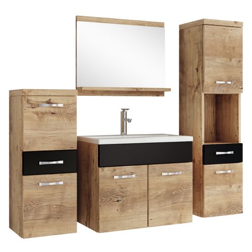 Meuble De Salle De Bain Alba 60 Cm Lavabo Chêne Châtaignier Avec Noir   Armoire De Rangement Meuble