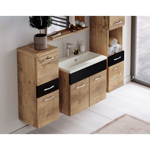 Meuble De Salle De Bain Alba 60 Cm Lavabo Chêne Châtaignier Avec Noir   Armoire De Rangement Meuble