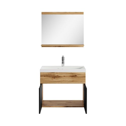 Meuble Vasque Montreal 60 Cm Avec Lavabo Et Miroir - Chêne Et Noir Mat