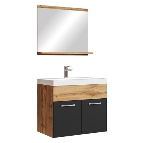 Meuble Vasque Montreal 60 Cm Avec Lavabo Et Miroir - Chêne Et Noir Mat