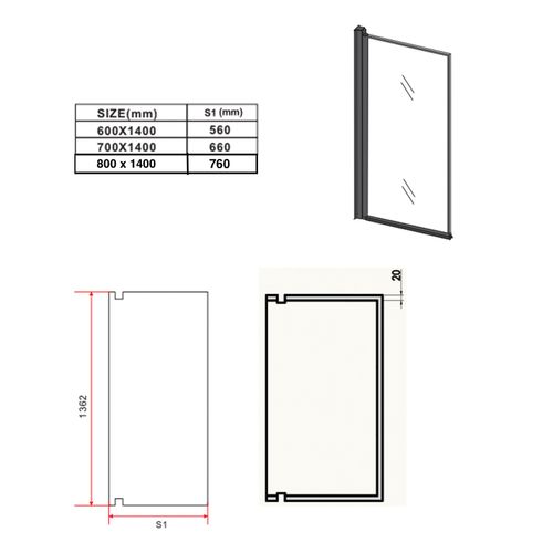 Paroi Baignoire Medal 60 X 140 Cm Noir Verre Transparent