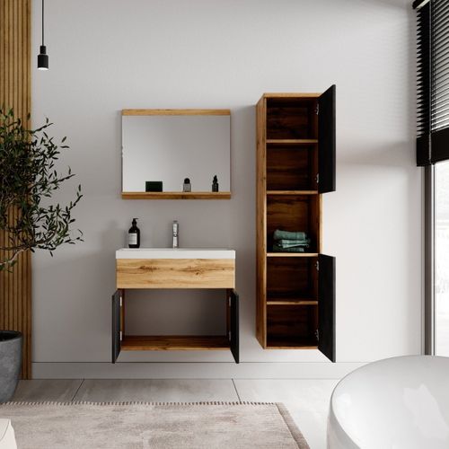 Meuble De Salle De Bain Montreal 60 Cm Lavabo Chene, Noir Mat   Armoire De Rangement Meuble Lavabo