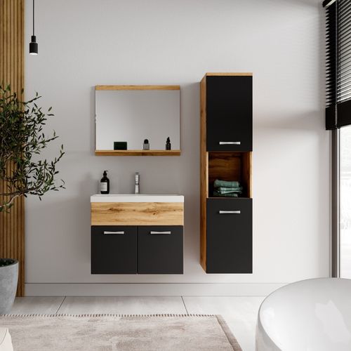 Meuble De Salle De Bain Montreal 60 Cm Lavabo Chene, Noir Mat   Armoire De Rangement Meuble Lavabo