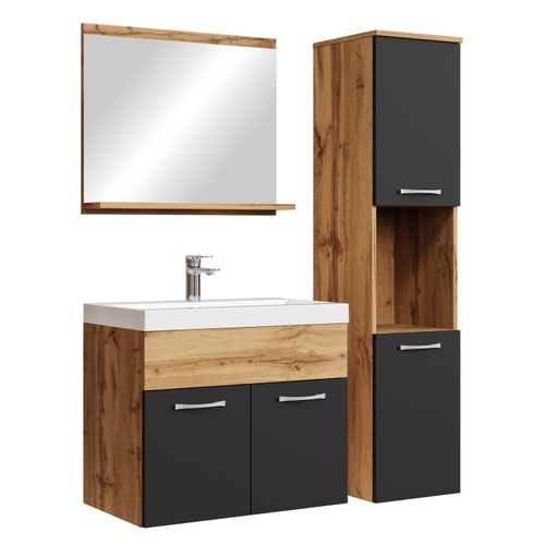 Meuble De Salle De Bain Montreal 60 Cm Lavabo Chene, Noir Mat   Armoire De Rangement Meuble Lavabo