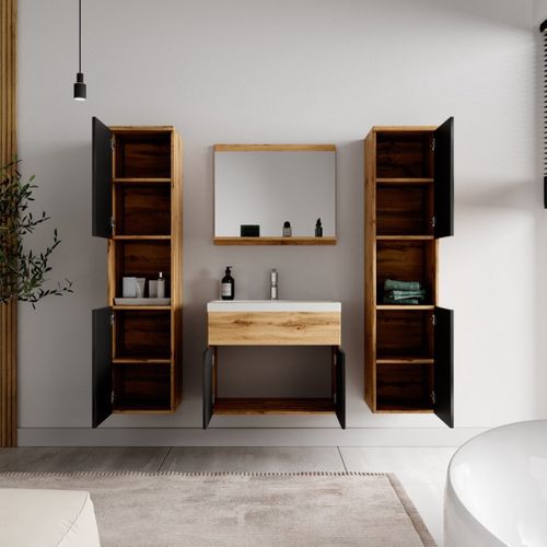 Meuble De Salle De Bain Montreal XL 60 Cm Lavabo Chene, Noir Mat   Armoire De Rangement Meuble