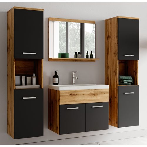 Meuble De Salle De Bain Montreal XL 60 Cm Lavabo Chene, Noir Mat   Armoire De Rangement Meuble