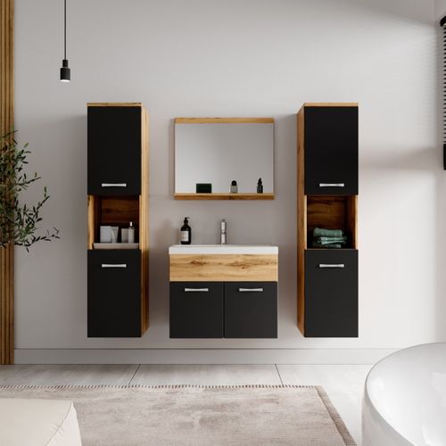 Meuble De Salle De Bain Montreal XL 60 Cm Lavabo Chene, Noir Mat   Armoire De Rangement Meuble